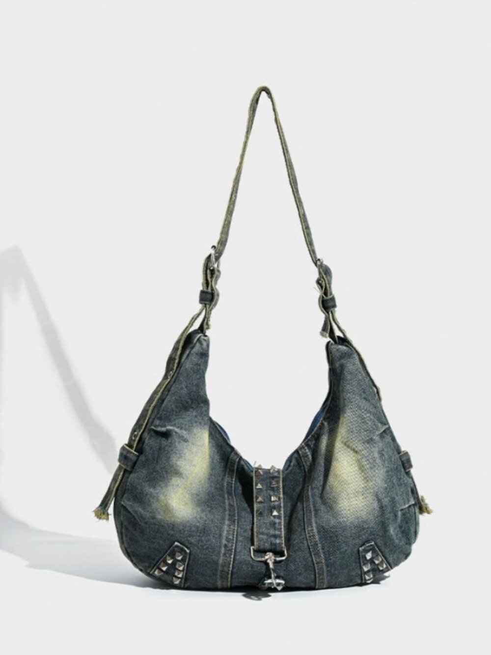 Retro Denim Shoulder Bag - Studded Y2K Aesthetic Crossbody Purse